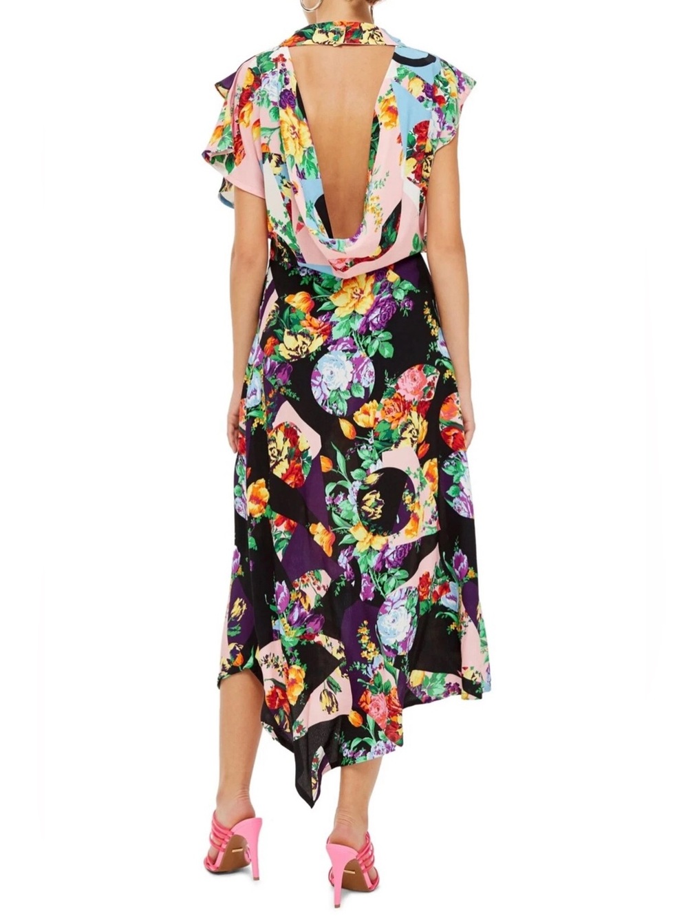 Topshop Floral High Neck Cowl Back Midaxi Dress Sz 8 Cottagecore Asymmetrical - Picture 8 of 15
